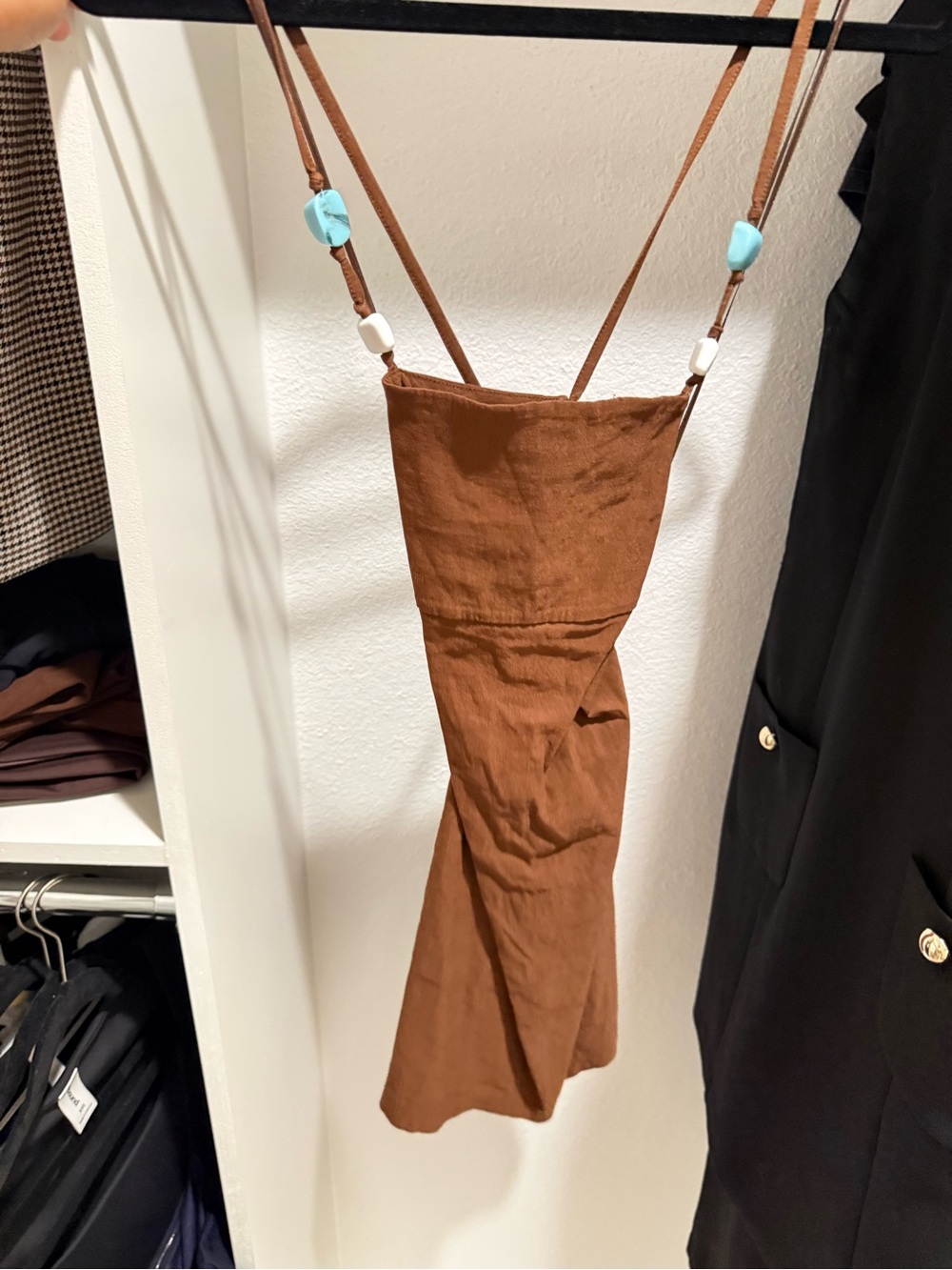 Zara Strapless Brown Linen-Blend Slip Dress with Bead-Trim Straps